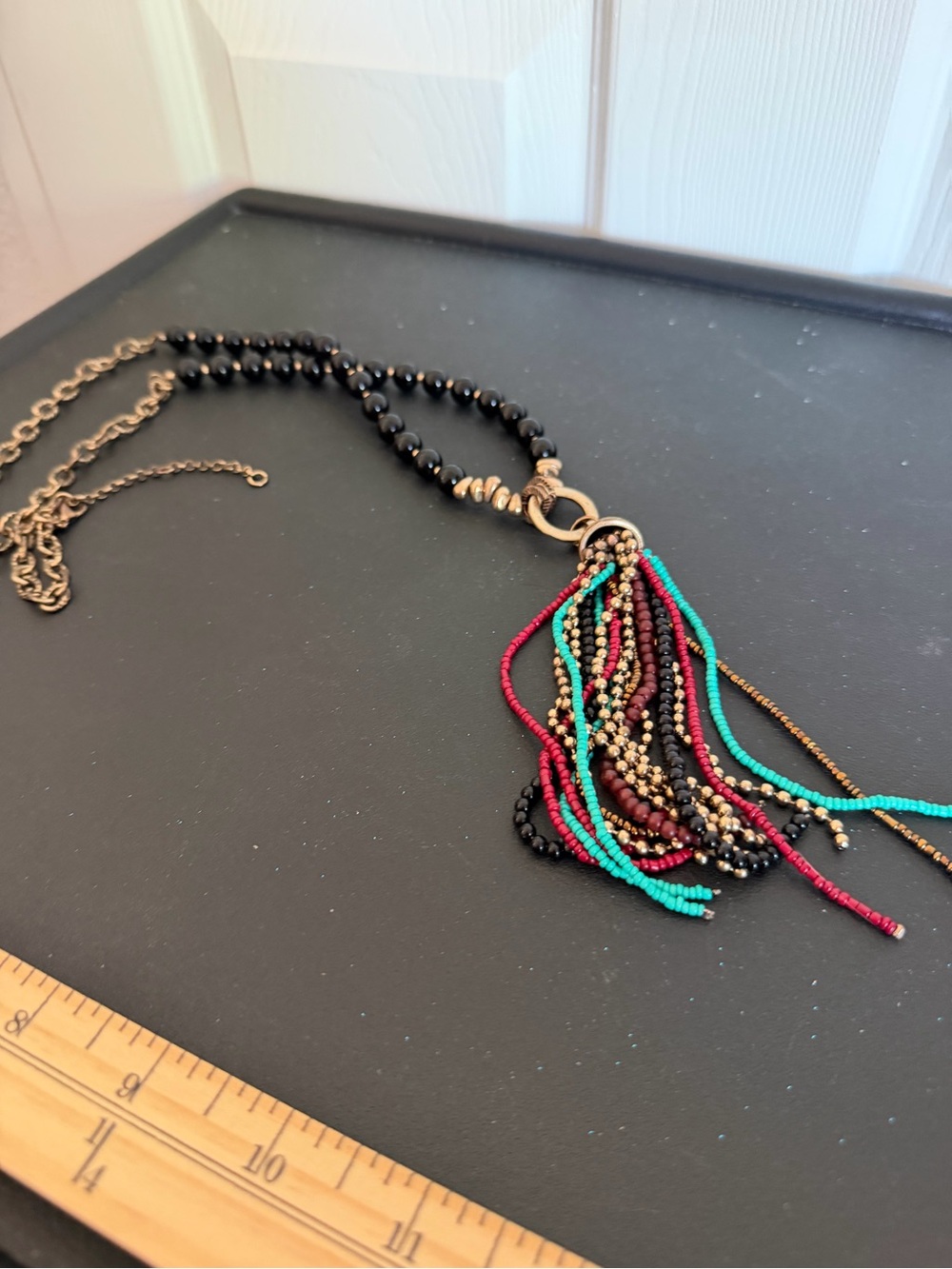Multicolor Beaded Tassel Necklace with Gold Accents - Black,Turquoise & Red Boho